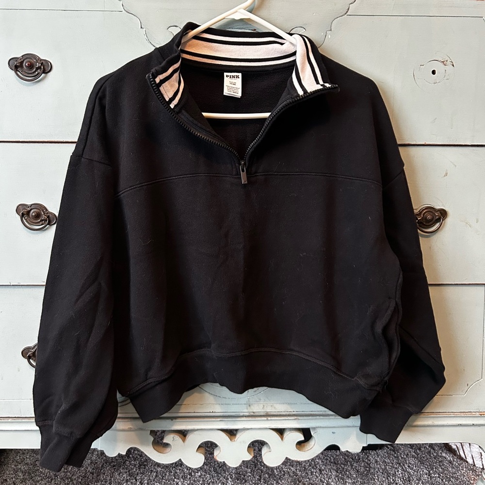 PINK Victoria's Secret Men's Black Half-Zip Sweater with Striped Collar